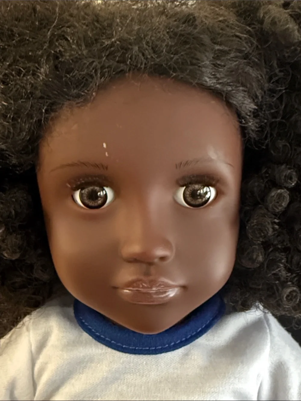 Classic Girls' Doll with Curly Hair - Black Skin, White & Blue Outfit